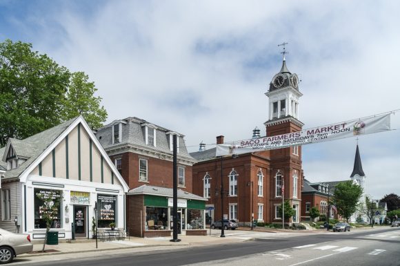 Main Street, Saco Maine. The building with the clock tower is City Hall.